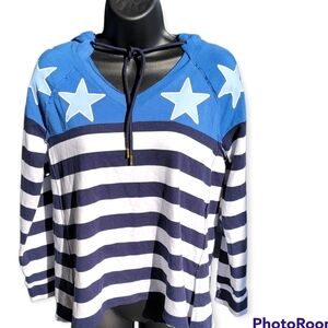 Crown & Ivy Weekend Stars & Stripes Hoodie Size Petite Small Blue White Stripe